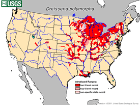 Distribution map of zebra mussel