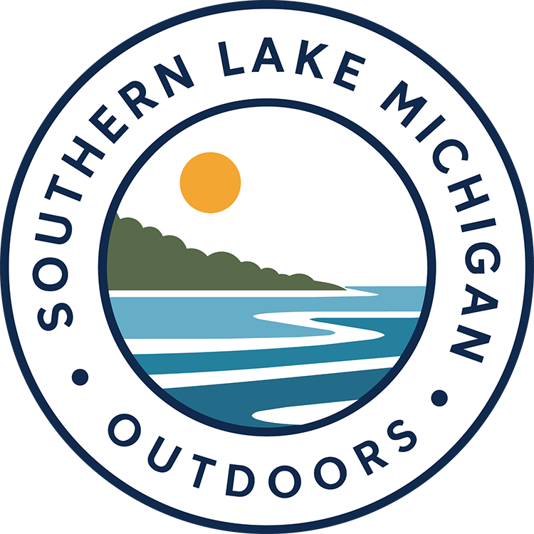 Southern Lake Michigan Outdoors circular logo: a stylized sun, bluff, and shoreline above the words Southern Lake Michigan Outdoors